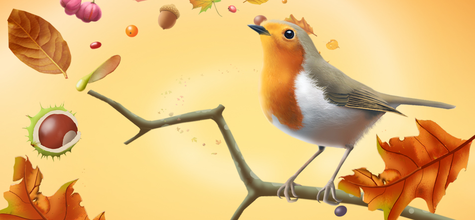 Herfsttekening met vogel en blaadjes
